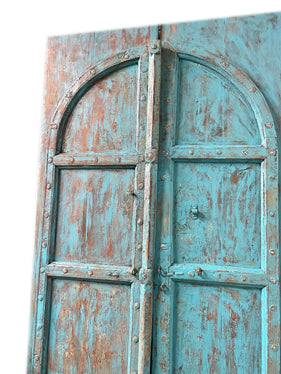 Antique Arched Door Hand Carved Teak Wood Blue Garden Doors 87x46