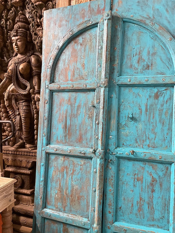 Antique Arched Door Hand Carved Teak Wood Blue Garden Doors 87x46