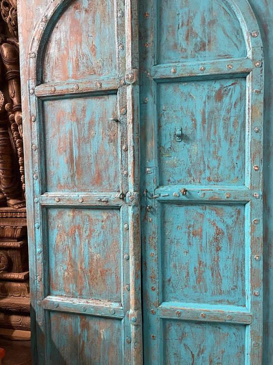 Antique Arched Door Hand Carved Teak Wood Blue Garden Doors 87x46