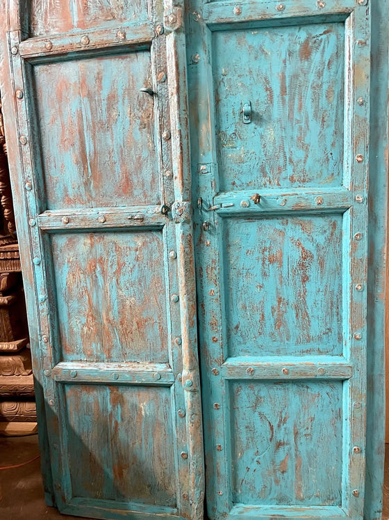 Antique Arched Door Hand Carved Teak Wood Blue Garden Doors 87x46