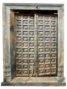  Haveli Antique Door from Thar Desert, India, Sun Bleached Teak Door, Rustic Iron Medallions