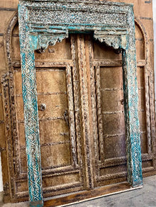  Antique Indian Arch Distressed Carved Columns Teak Architectural Doorway, 99