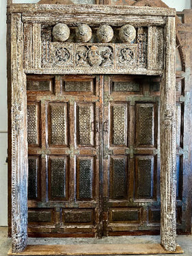 Antique Indian Arch Rustic Carved Old World Architectural Doorway 95x64