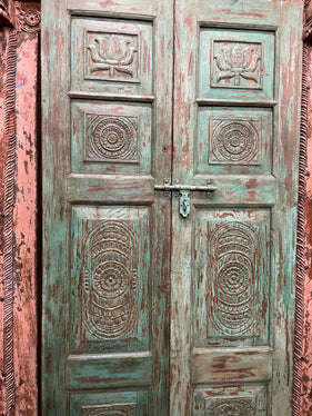 Antique India Teak Doors, Teal Green Ornate Door Panel