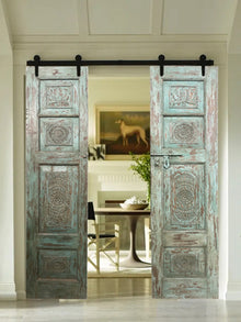  Antique India Teak Doors, Teal Green Ornate Door Panel, Rustic Barn Doors 80