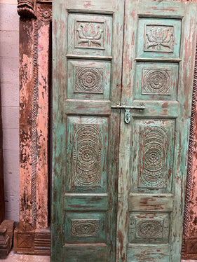 Antique Teak Wood Doors, Teal Green, Intricate Carved Rustic Farmhouse Doors 80