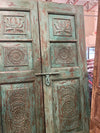 Antique Teak Wood Doors, Teal Green, Intricate Carved Rustic Farmhouse Doors 80