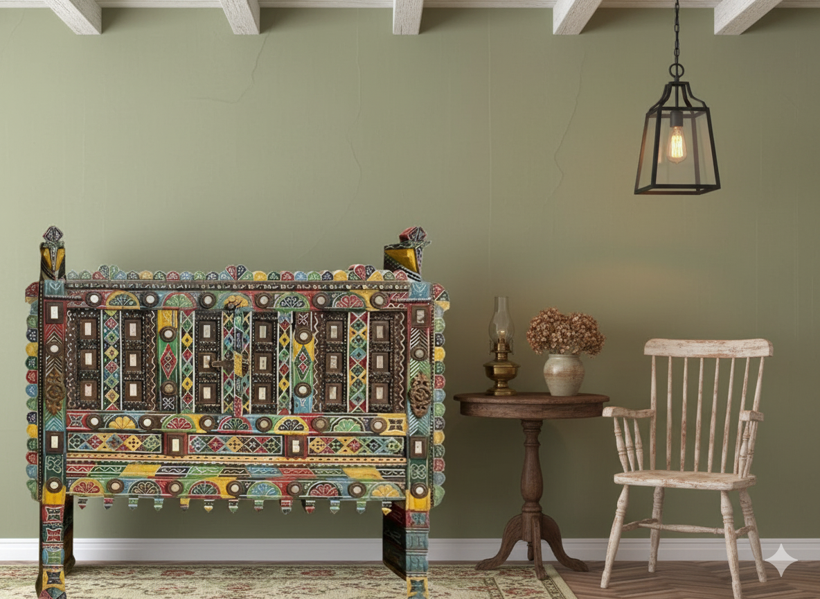 Antique Colorful Damchiya Bar Cabinet Hand carved Console Table 52x45