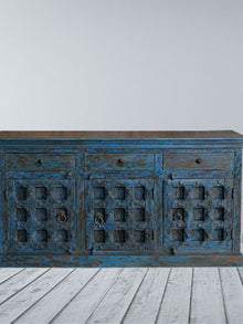  Rustic Credenza, Carved Farmhouse Sideboard, Antique Doors Cabinet, Blue Storage Chest