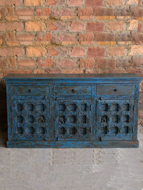 Rustic Blue Credenza, Carved Farmhouse Sideboard, Vintage Storage Chest, 71