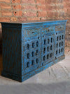 Rustic Blue Credenza, Carved Farmhouse Sideboard, Vintage Storage Chest, 71