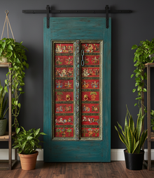  Antique Blue Painted Door Hand Carved Custom Ganesha Temple Barn Door