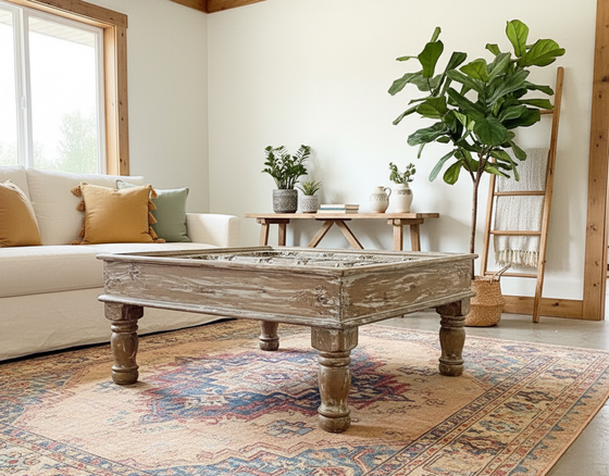 Antique Door Coffee Table – Rustic Limewash Reclaimed Wood Hall Table