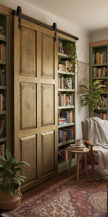  Vintage Door Brass Cladded Carved Barn Door Statement Library Doors 