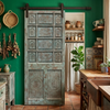 Rustic Vintage Carved Barn Door | Blue Accent Farmhouse Hinged Door | Hand-Carved Wood 81x36