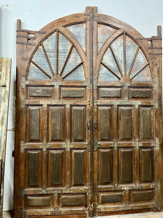 HUGE Antique Doors Indo-Spanish Brass Cladded Teak Entry Doors 118x92