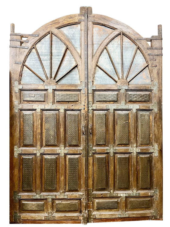 Huge Antique Authentic Door Brass Cladded Carved Farmhouse Entry Doors 