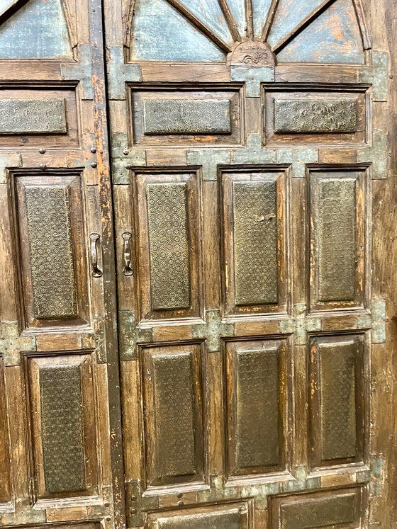 HUGE Antique Doors Indo-Spanish Brass Cladded Teak Entry Doors 118x92