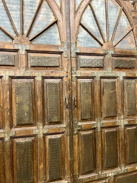HUGE Antique Doors Indo-Spanish Brass Cladded Teak Entry Doors 118x92