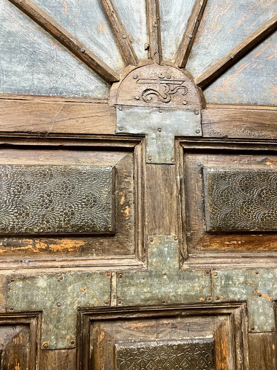 HUGE Antique Doors Indo-Spanish Brass Cladded Teak Entry Doors 118x92