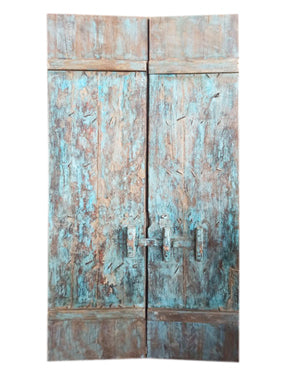 Antique Teak Doors from India, Rustic Wood Blue Exterior Barn Doors, 84