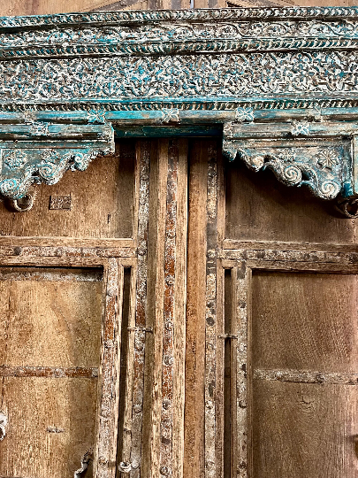 Antique Indian Arch Distressed Carved Columns Teak Architectural Doorway, 99