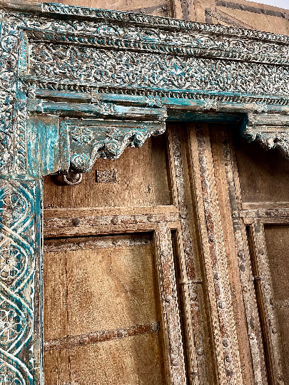 Antique Indian Arch Distressed Carved Columns Teak Architectural Doorway, 99