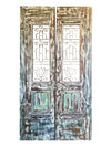 Vintage Carved Double Door Whitewash Lotus Jali Garden Door 84x48
