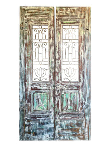  Vintage Carved Double Door Whitewash Lotus Jali Garden Door 84x48