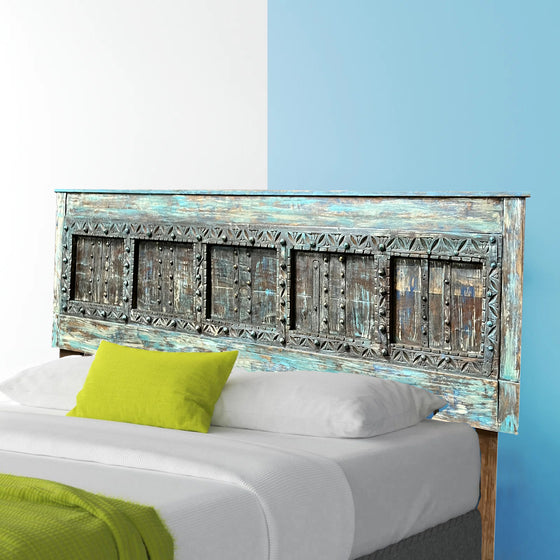 Antique Blue Door Headboard Hand Carved Door King Headboard