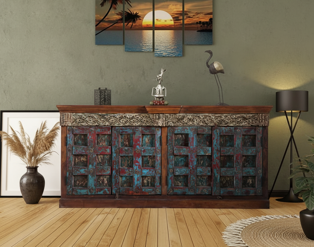 Antique Door Buffet Handcarved Distressed Bar Sideboard Credenza 89