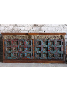 Antique Blue 4 Door Credenza, Wine Cabinet, Rustic Farmhouse Sideboard, Ranch Style Buffet, 89