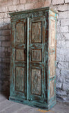 Antique Blue Jaipur Armoire, Vintage Large Carved Armoire, Tall Bedroom Clothing Armoire, 84