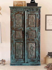  Antique Blue Armoire, Rustic Carved Tall Cabinet, Teak Wood, Farmhouse Cabinet, 84x43