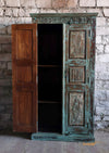 Antique Blue Jaipur Armoire, Vintage Large Carved Armoire, Tall Bedroom Clothing Armoire, 84