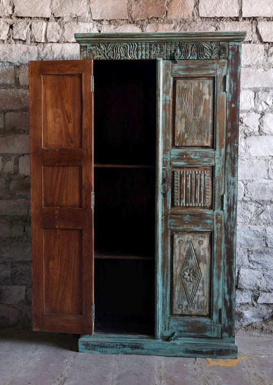 Antique Jaipur Blue Armoire, Rustic Carved Tall Cabinet, Teak Farmhouse Cabinet, 84x43