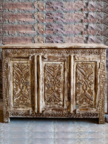  Whitewashed Carved Sideboard, Credenza, 3-Door Storage Cabinet, 48x36