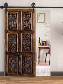  Nature Inspired Carved Barn Door, Farmhouse Sliding Doors, Eclectic Decor