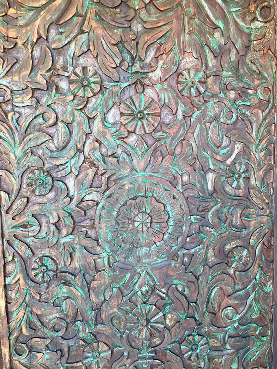 Vintage Carved Blooming Lotus Door in Dark Wood with Green, Accent Wall, 80x36