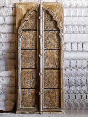 Antique India Rajput Doors, Painted Elephants Teak Barn Doors