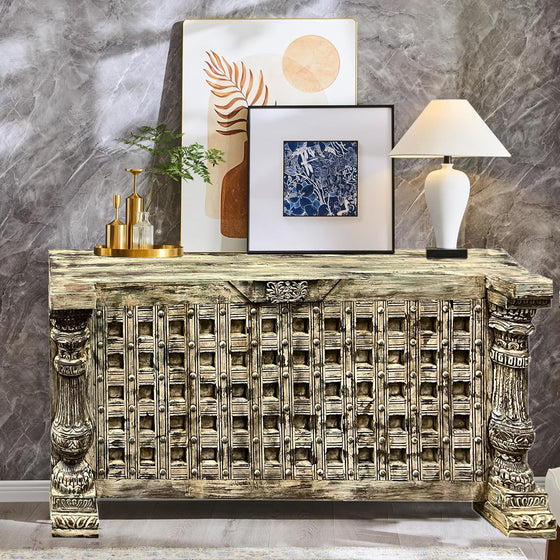 Vintage Tall Console Table Distressed Carved Entryway Accent TV Table