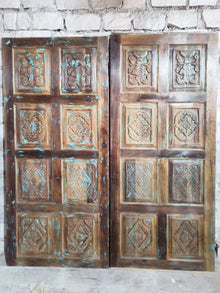  Vintage Barn Door, Rustic Green Hues Distressed Barndoor, Floral Carved Sliding Door, 84