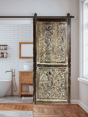 Vintage Carved Gulmohar Door, Reclaimed Wood,, Whitewash Rustic Barn Door 80x30