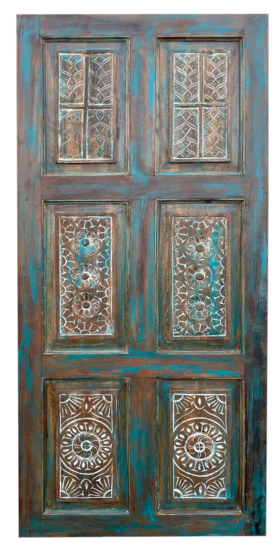 Hand Carved Barn Door Rustic Blue Farmhouse Interior Door 80x36