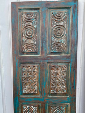 Vintage Carved Sliding Barn Door in Distressed Blue, Single Interior Door 80