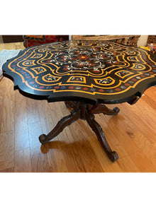  Vintage Inlaid Black Marble Round table, Round Kitchen Table, Round Table on Wood Base