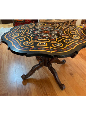 Vintage Inlaid Black Marble Round table, Round Kitchen Table, Round Table on Wood Base