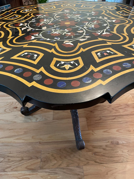 Antique Table Inlaid Stone Black Marble Round Kitchen Table Hall Coffee Table
