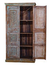 Rustic Antique Armoire From India, Floral Carving Cabinet, Blue Hues Brass Studs Wardrobe
