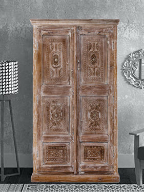 Rustic Antique Indian Cabinet, Shekhawati Tall Cabinet, Whitewash Floral Carved Armoire